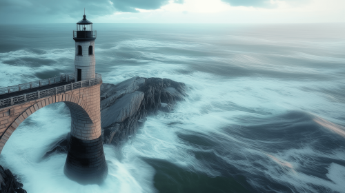 An image of a lighthouse along the east coast of the United States, with large waves crashing against a rocky shore.