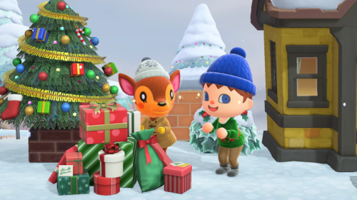 Screenshot of gameplay from "Toy Day," a special annual event in Nintendo's popular game Animal Crossing: New Horizons. The scene shows a Christmas tree with a stack of wrapped gifts beside it, along with two cute in-game characters.