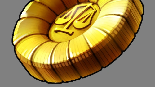 Phoenix Wright's attorney badge on a grey background. It is gold and shaped like a 14 petalled flower with justice's scales in the center.