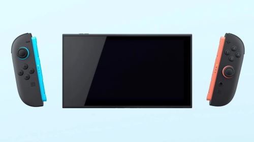 An image of the Nintendo Switch 2, on a blank background, with its two Joy-Con detached and floating beside the main unit.