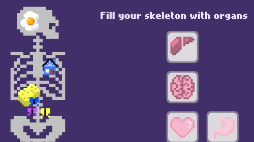 A pixel art game. On the right are buttons with human organs on them: a brain, a liver, a heart, and a stromach. On the left is a skeleton with weird items in those organs' locations: an egg, a sponge, a house, and butterflies.