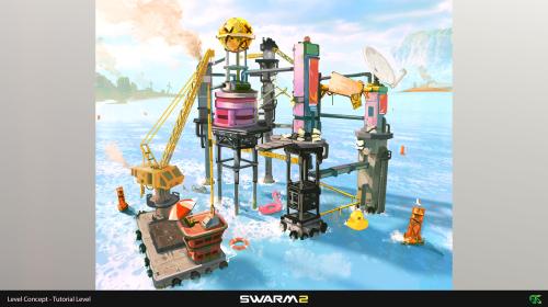 A level design concept for the VR game 'Swarm 2,' created by Laura Onderwater. The image depicts a series of narrow industrial structures scaffolded together and floating on open water.
