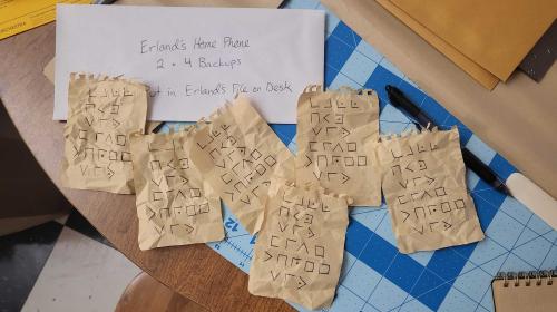 Crumpled scraps of yellowed paper with handwriting on them in a coded character set.