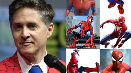 Yuri Lowenthal in a Spider Man themed suit jacket with various animated spider men