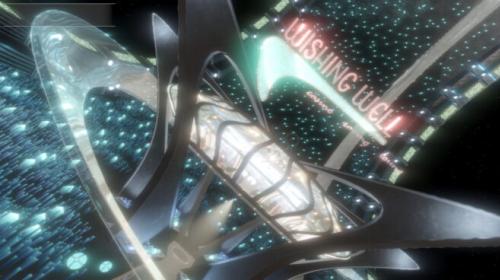 A screenshot from the game Tinselfly. There is a neon sign that reads "Wishing Well" over a donut-shaped observation tower. The image looks like it's at a 45 degree angle and there is a lot of chromed metal and scifi lighting