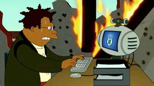 A picture of Hermes from Futurama hastily typing on a computer with fire in the background.