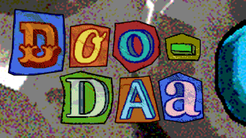 The header image for the Steam page of Doo-Daa. A slightly concerned-looking orange cat with wide blue eyes is looking at us from the porthole of a spaceship. The ship looks like crumpled up paper and the title "Doo-Daa" is made up of different color and font letters as if cut and pasted from print media.