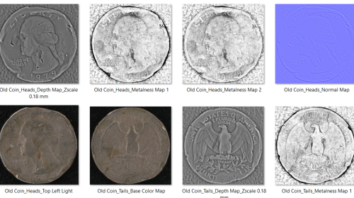 A set of images in a grid, each depicting a different texture (base map, normal map, roughneness, etc) from a material depicting a coin.