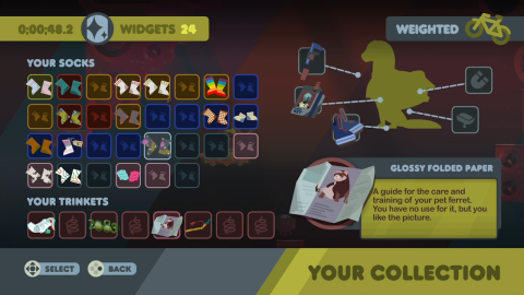 A screenshot of the "stash" menu in Widget Satchel, showing a grid of colorful socks and trinkets.