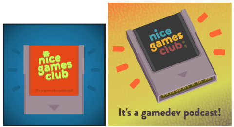 Two concept images showing the new Nice Games Club logotype on a stylized video game cartridge.