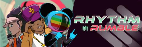 Rhythm Rumble title image featuring some colorful musical genre based characters in a cool pose