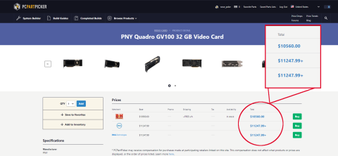 A screenshot from PC Part Picker showing an eleven-thousand dollar price for a video card.