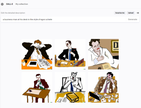 A Dall-E generated image of a business man at his desk in the style of Egon Schiele