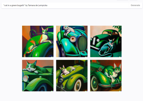 A Dall-E generated image of "Cat in a Green Bugatti" by Tamara de Lempicka