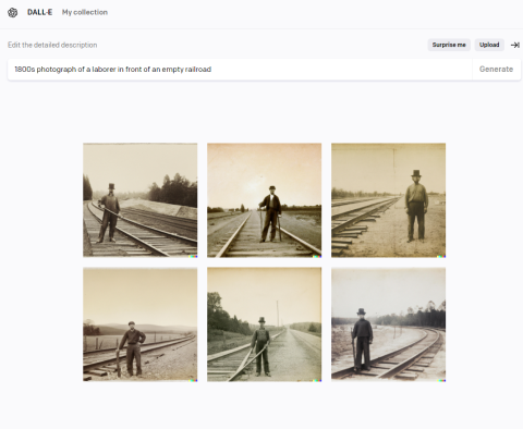 A Dall-E generated image of an 1800s photograph of a laborer in front of an empty railroad
