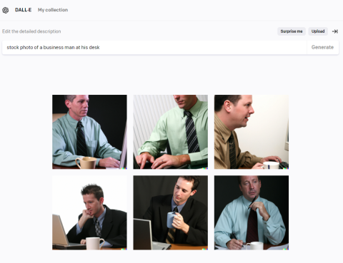A Dall-E generated image of a stock photo of a business man at his desk