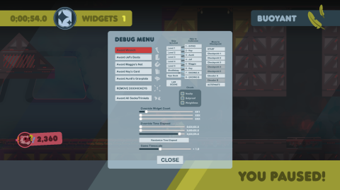 A screenshot of the Debug Menu in Widget Satchel.