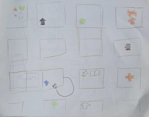  The map the Evil Game Hosts made during their jam. It is a hand-drawn grid of buildings in a city done in colored pencils. There are symbols denoting the type of building (eg. a book on the library, etc.).